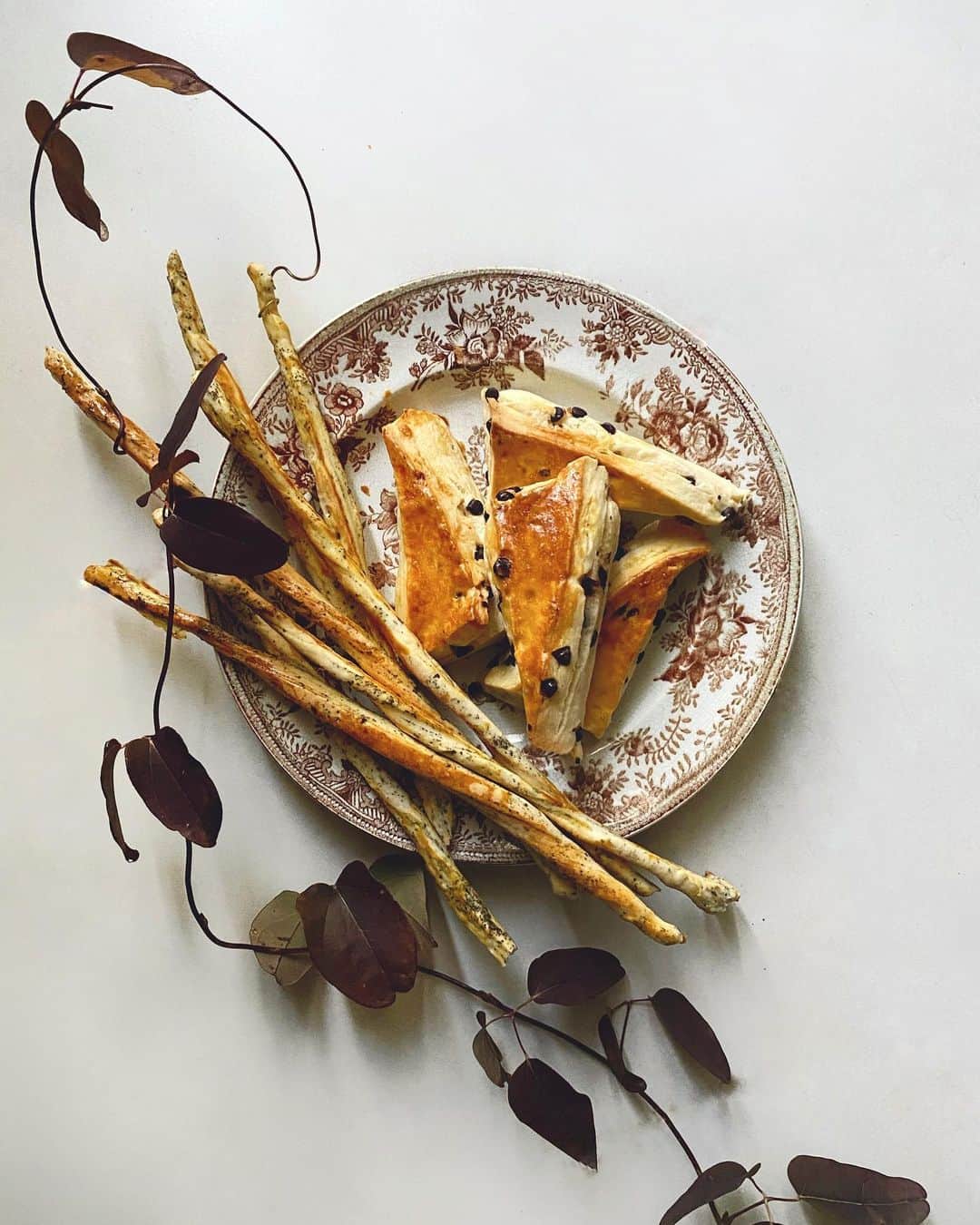 のインスタグラム：「Wine red leaves vine plant with honey grissini & chocolate chip scones #teatime  蔓植物&グリッシーニそしてチョコチップスコーン　 グリッシーニは、塩、紅茶の葉、蜂蜜を練り込んで。」