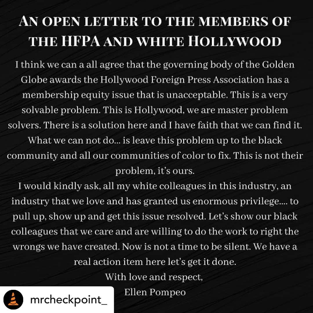 ジョディ・スウィーティンさんのインスタグラム写真 - (ジョディ・スウィーティンInstagram)「Posted @withregram • @mrcheckpoint_   An open letter from @ellenpompeo to the Hollywood foreign press association and white Hollywood.. #aftp #hollywood」3月1日 1時17分 - jodiesweetin