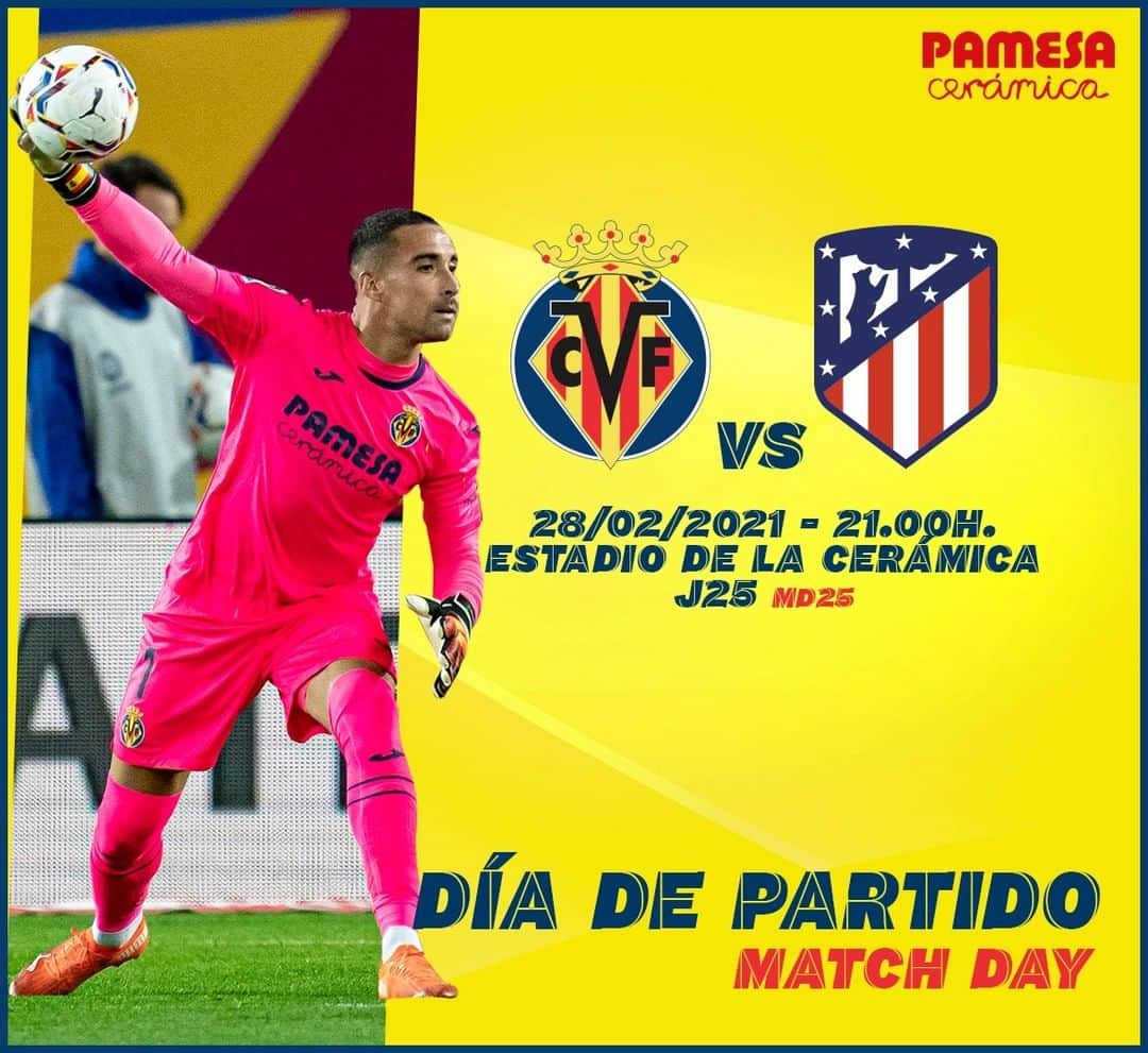 ビジャレアルCFのインスタグラム：「¡Hoy jugamos contra el líder 💪!   🆚 @atleticodemadrid  🏆 @laliga  🗓 Jornada 25 ⌚ 21.00h 🏟 Estadio de la Cerámica 📺 @movistarplus  📱 #villarrealatleti   Today, we’re playing against the league leaders 💪!   🆚 @atleticodemadrid  🏆 @laliga  🗓 Matchday 25 ⌚ 9pm CET 🏟 Estadio de la Cerámica 📺 LaLigaTV (🇬🇧) 📱 #villarrealatleti   #futbol #football #soccer #laliga」