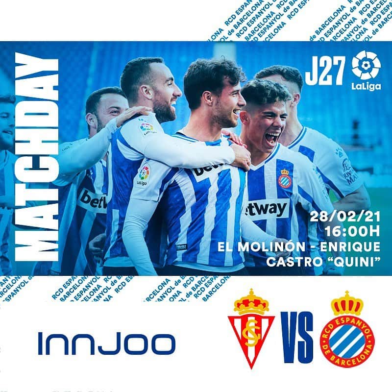 RCDエスパニョールのインスタグラム：「⚽ 𝗠𝗔𝗧𝗖𝗛𝗗𝗔𝗬 @RealSporting 🆚 @RCDEspanyol 🕓 16h 🏟 El Molinón - Enrique Castro "Quini” 📺 @vamos  #RCDE | #RealSportingEspanyol」