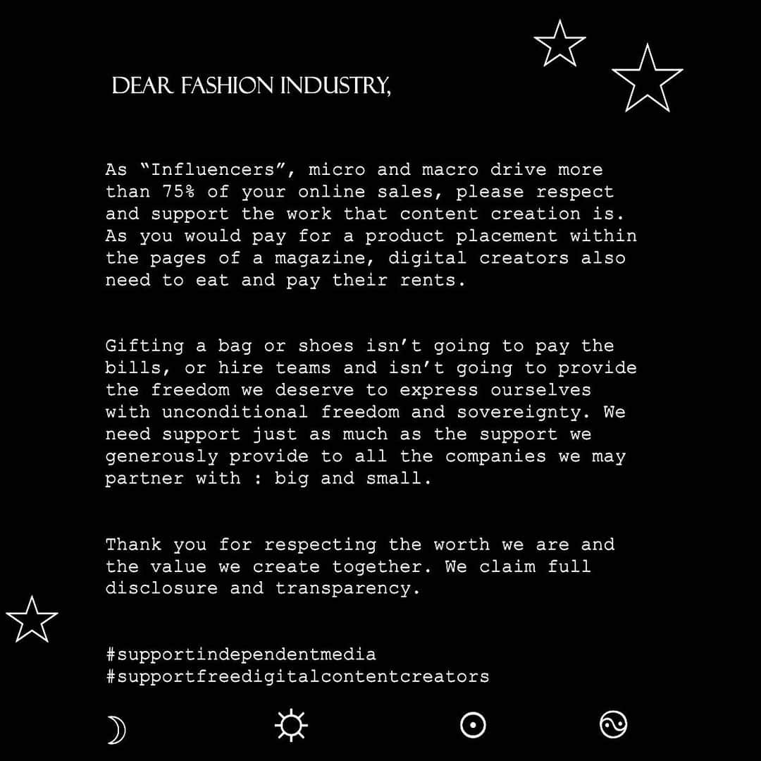 クリスティナ・バザンのインスタグラム：「Dear Fashion Industry,  As “Influencers”, micro and macro drive more than 75% of your online sales, please respect and support the work that content creation is. As you would pay for a product placement within the pages of a magazine, digital creators also need to eat and pay their rents.  Gifting a bag or shoes isn’t going to pay the bills, or hire teams and isn’t going to provide the freedom we deserve to express ourselves with unconditional freedom and sovereignty. We need support just as much as the support we generously provide to all the companies we may partner with : big and small.   Thank you for respecting the worth we are and the value we create together.   #supportindependentmedia #supportfreedigitalcontentcreators  Receiving support means hiring quality teams and paying worthy fees, in my case I use my income to re-invest as I can in content production : whether it’s for music (videos, mixing or mastering) or fashion (photograher’s fee, location rent). Most content creators are their own brands and businesses. Receiving support means having more fluidity in accepting certain paid projects or not. Beyond statistics, trends and numbers it’s about partnering with people who think outside the box and set new paradigms : therefore reaching out to qualitative audiences whether big or small.   I will always support companies whose values I cherish and celebrate, whether I’m paid or not. I am always grateful for a gift and always give thanks and share about it genuinely. No matter how my engagement may fluctuate (I’ve been out here since 2011, I’ve known popularity as well as a huge stepping back from it) there is a level of respect and transparency we need to claim. Putting ourselves out there on social media isn’t everyone’s choice : showing our faces to thousands of people, sharing honest opinions and associating our image to companies is intellectual property. Content creates visibility and exposure, it allows for hundreds, thousands of people to discover something new and that is worth acknowledging.   Share this if you agree. Much peace.」