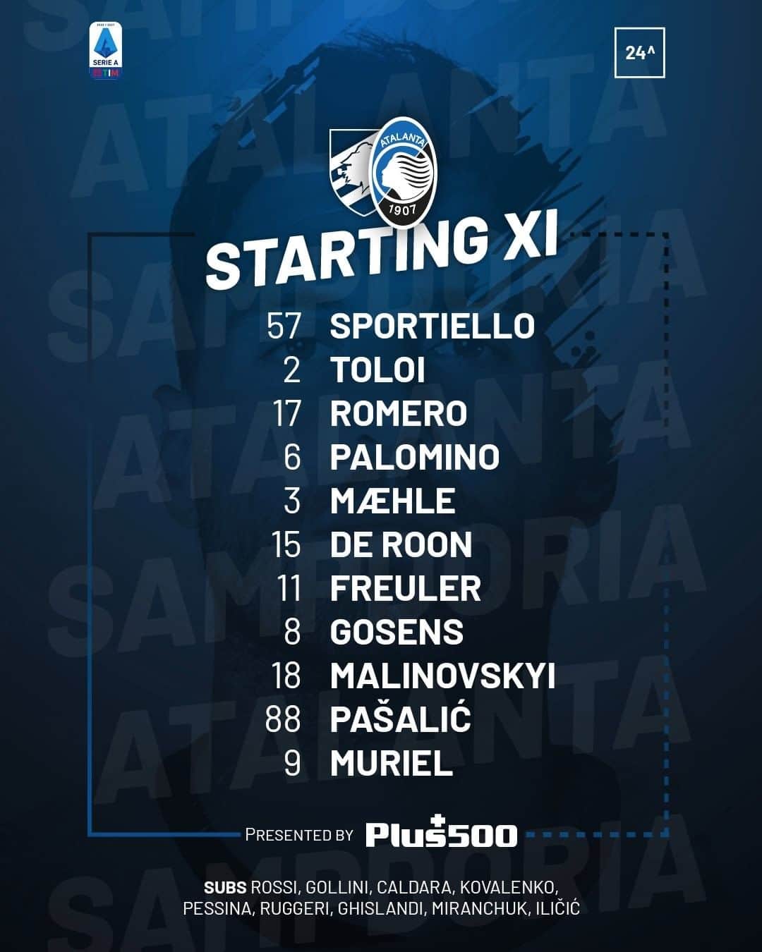 アタランタBCのインスタグラム：「👥 Lo #StartingXI nerazzurro! 🙌 Nerazzurri team news!  #SampAtalanta #SerieATIM #GoAtalantaGo ⚫️🔵 #Atalanta #BergAMO #ForzaAtalanta」