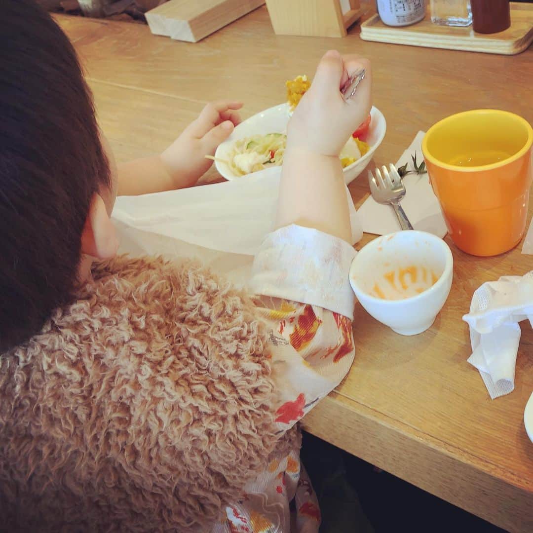 加藤千恵のインスタグラム：「ホテルビュッフェランチを満喫しまくっていた2歳児。食べかけ写真ですみません。帰り際まで「おかわり」と言い続けていた。もう帰るよ、と告げると半泣きになるほど。。。」