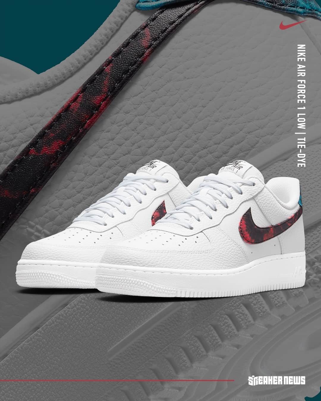 Sneaker Newsさんのインスタグラム写真 - (Sneaker NewsInstagram)「Nike applies another simple execution on the Air Force 1 Low, adding tie-dye patterns in red on the Swoosh and teal blue on the heel. Would you rock these for the Spring? Tap the link in our bio to get a closer look.」3月1日 2時02分 - sneakernews