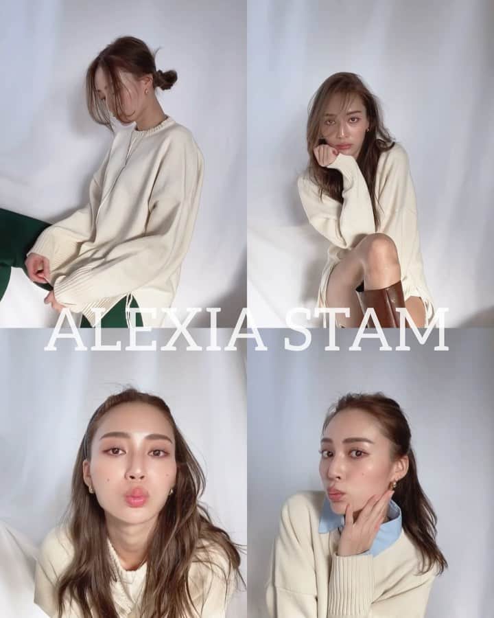 のインスタグラム：「ヘビロテニット🧶🤍 . 着やすいのでおうちの中でも着てる😂 着回しでリールにも載せてるよ。 .  ■ Contrast Stitch Knit Top Ivory @alexiastam_official  @alexiastam_staff  . . #alexiastam #alexiaoutfit #ootd #outfit #coordinate #fashion #着回し」