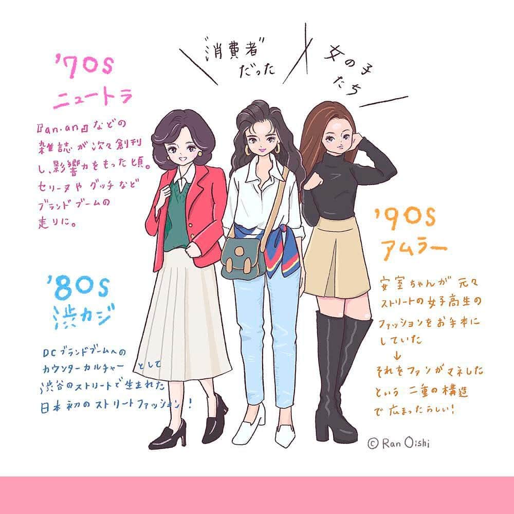 大石蘭さんのインスタグラム写真 大石蘭instagram 前回の投稿のつづき 70年代 80年代 90年代ファッションは これまでもたびたび描いてきているのですが どうしてもロリータ系 ガーリー系の系譜に偏りがちだったので 今まで描いてこなかった 年代別お姉さん