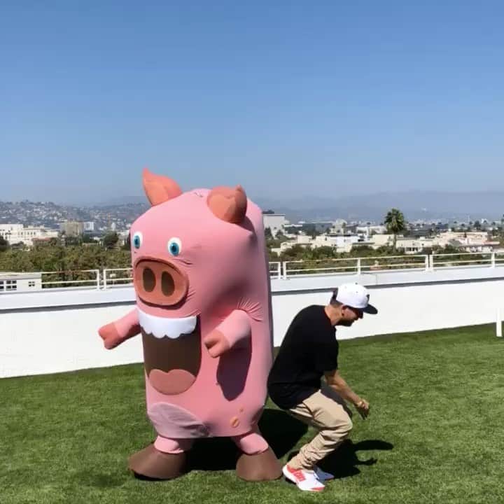 ロブ・ディアデックのインスタグラム：「Happy Birthday to your favorite pigs, favorite pig! It’s Bae day! It’s been amazing to watch you grow and evolve over that last few years. I will never forget the joy I felt when you transitioned from an idea in my mind straight into reality. The greatest pigfluencer the game has ever seen. To celebrate @outstandingfoods is doing 25% off all of their delicious plant based snacks at outstandingfoods.com with the promo code BAEday 🎂🎉🥳🐷🚫 @dyrdekmachine  #manufacturingamzing」