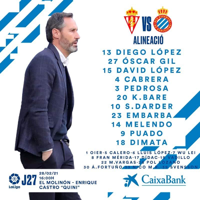 RCDエスパニョールのインスタグラム：「👥 Aquesta és la nostra alineació per al partit d'avui. ¡ADELANTE, MÁGICO! 👊⚽️ #RCDE | #RealSportingEspanyol」