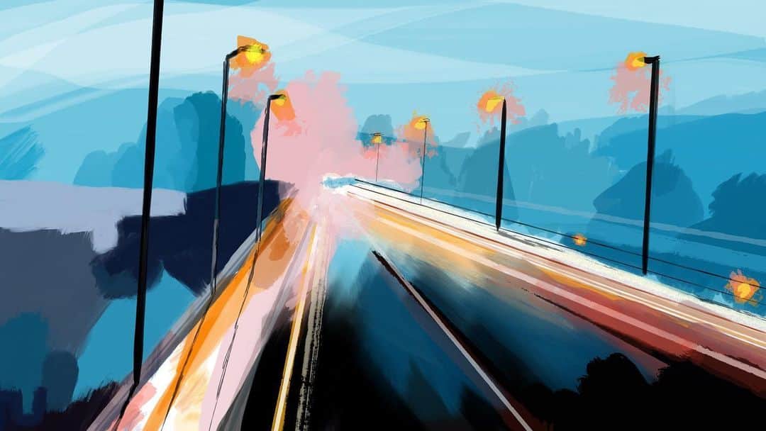 スカイラー・カーギルのインスタグラム：「currently dabbling in some digital art lately. it takes a lot of patience! what have you been into as of late? . . [image description: a digital painting of a road with street lights. this took about 4 hours to complete!] #art #digitalart #painting #procreate」