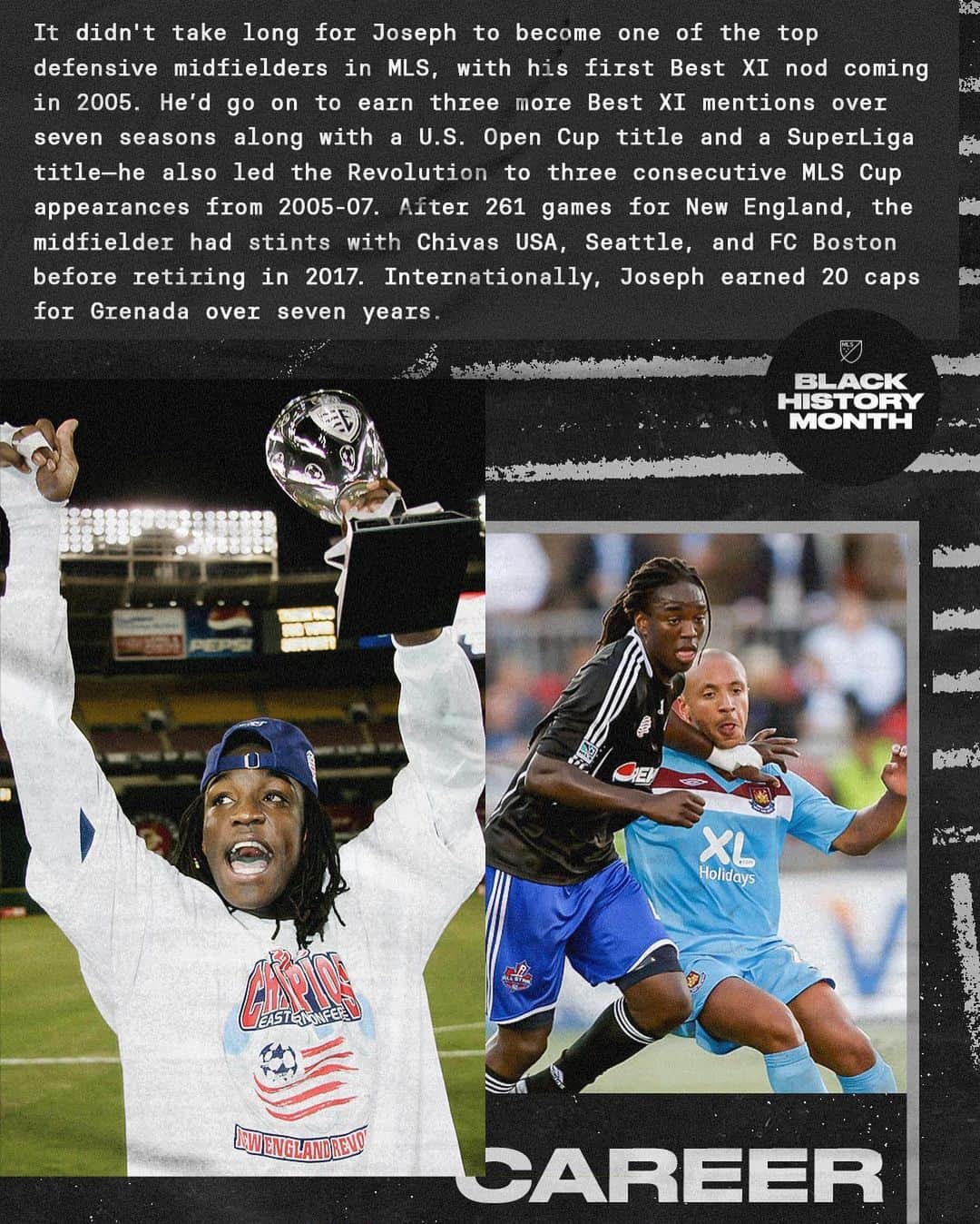 Major League Soccerさんのインスタグラム写真 - (Major League SoccerInstagram)「Shalrie Joseph: @nerevolution & MLS legend. 🌟  Throughout #BlackHistoryMonth , we’re celebrating Black players who are leaving their mark on MLS and the global game both on and off the field.」3月1日 3時53分 - mls