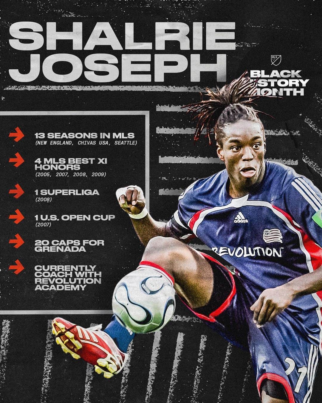 Major League Soccerのインスタグラム：「Shalrie Joseph: @nerevolution & MLS legend. 🌟  Throughout #BlackHistoryMonth , we’re celebrating Black players who are leaving their mark on MLS and the global game both on and off the field.」
