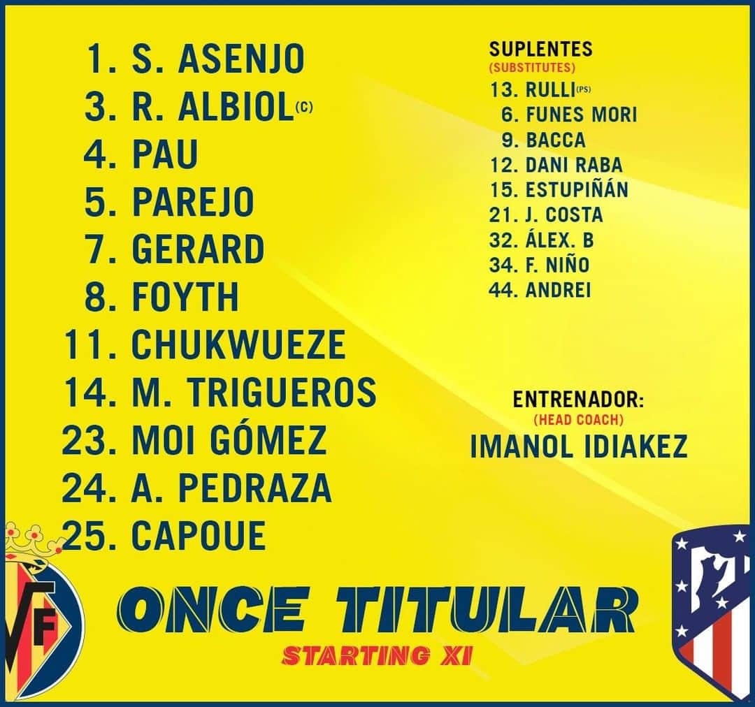 ビジャレアルCFのインスタグラム：「¡Once inicial groguet 💛 ante el @atleticodemadrid!  The Yellows 💛 starting XI against @atleticodemadrid!  #Villarreal #futbol #football #soccer #laliga」