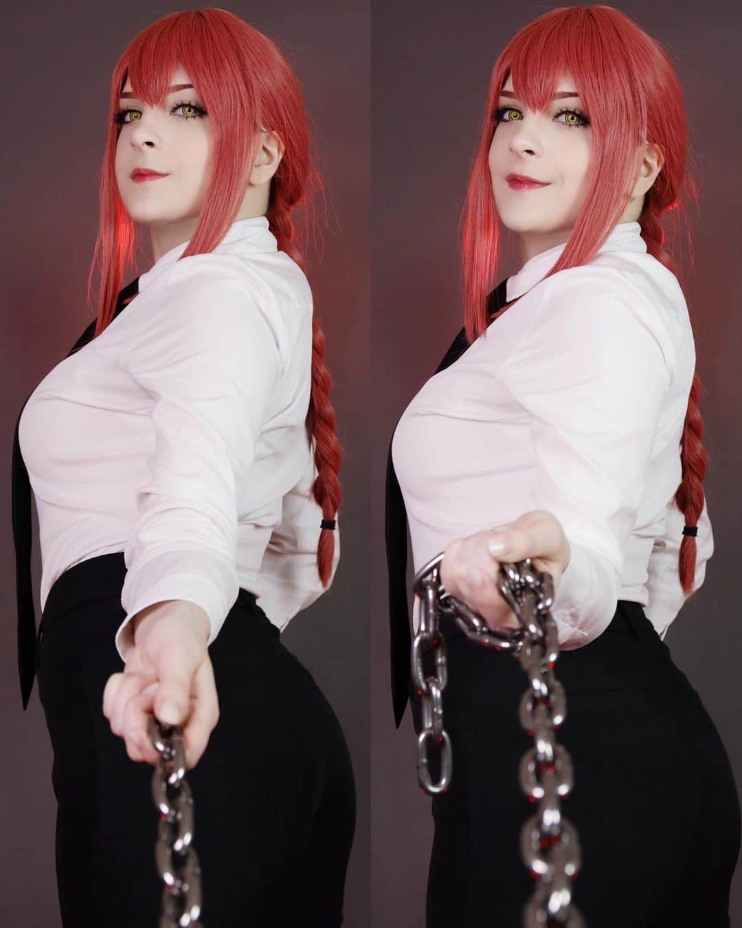 Tessaのインスタグラム：「“Good boy.”🐶⛓  Two of my favorite Makima shots squeezed into one photo because I don’t want to crop them.😆Last day to grab these btw! Thank you @__halcyan for holding the other end of the chain.🌚  #makima #makimacosplay #chainsawman #chainsawmancosplay #chainsawmanmakima #cosplayersofinstagram」