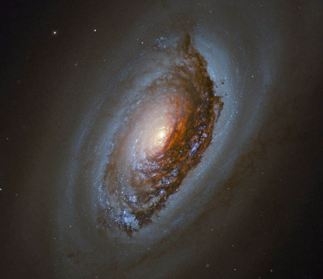 NASAのインスタグラム：「🧿 Please accept this “Evil Eye” from @NASAHubble & go worry free into your week! ⁣ ⁣ This spiral galaxy, often referred to as the “Black Eye” or “Evil Eye” galaxy because of the dark band of dust that sweeps across one side of its bright nucleus, is located 17 million light years away in the constellation of Coma Berenice (Berenice’s Hair). The gas in the outer regions of this galaxy and the gas in its inner regions are rotating in opposite directions, which might be related to a recent merger. ⁣ ⁣ Fun fact: new stars are forming in the region where the counter-rotating gases collide. ⁣ ⁣ Credit: NASA ⁣ ⁣ #Hubble #EvilEye #Spiral #Galactic #NASA」