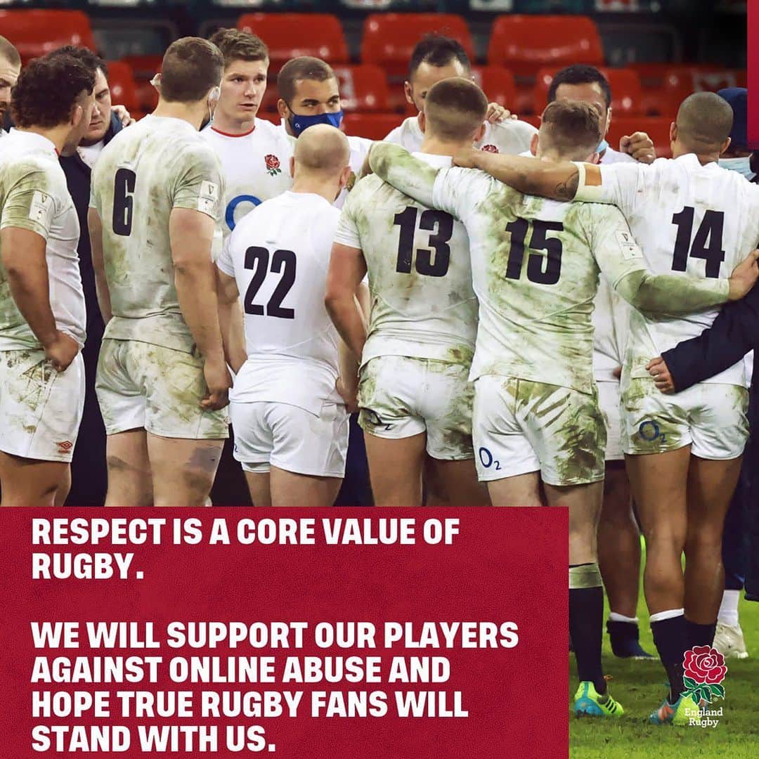ラグビーイングランド代表のインスタグラム：「Respect is a core value of rugby.  Yesterday we lost to Wales who deserved their victory.  Unfortunately, some of the reaction on social media to players and the team has not shown the level of respect the rugby community prides itself on.  We will support our players and team against online abuse and hope true rugby fans will stand with us.」