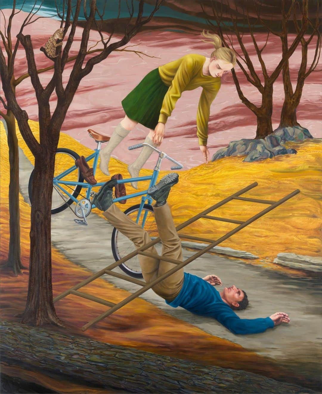 The New Yorkerのインスタグラム：「Nicole Eisenman, whose paintings and sculptures often show cartoonishly distorted people trying to make the best of tragicomic circumstances, has created some of the most ambitious works of her career during the pandemic. Her new painting “Destiny Riding Her Bike,” which is about eleven feet by nine feet, depicts a bicycle incident, but the subjects’ faces reveal surprising expressions of calm—the cyclist’s arms, outstretched, are better set for a consoling embrace than for breaking a fall. Eisenman describes it as both a “kind of a slow-motion accident” and “a romantic painting of two people meeting.” Tap the link in our bio to read Ian Parker’s new Profile, which takes readers inside the celebrated artist’s studio. Art work courtesy Thomas Widerberg / Astrup Fearnley Museet, Oslo, Norway.」