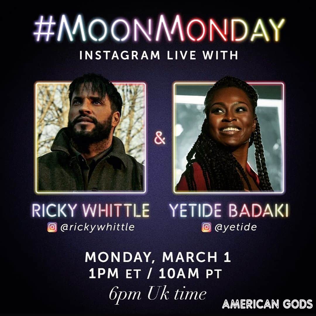 リッキー・ウィットルのインスタグラム：「#MOONMONDAY - Hit me with your questions below and Join me LIVE on my insta on MONDAY as I’m joined by the talented beautiful  and always smiling @yetide #bilquis in season 3 of #AmericanGods  What do you want to ask her or know? We got Allllllllll the gossip😝  See you here Monday 10am PT/1pm ET/ 6pm Uk  EPISODE 7 OUT NOW on @starz in the US and on AMAZON Prime Video around the rest of the world from Monday 12:01am」