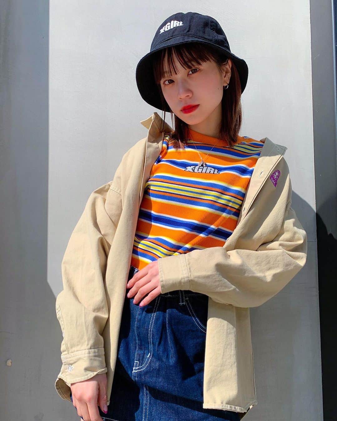 XGIRL_ootdのインスタグラム：「#xgirl_ootd @amane_sss 157cm X-girl HARAJUKU STAFF ・ ------------------------------ ・ ▪️FACE TWILL SHIRT (size S) ¥9,000+tax ▪️STRIPED BABY S/S TOP (size S) ¥6,000+tax ▪️TUCKED MINI SKIRT (size XS) ¥9,000+tax ▪️DAISY METRO HAT ¥5,000 ----------------------------------- #xgirl #xgirljp #xgirlus #エックスガール」