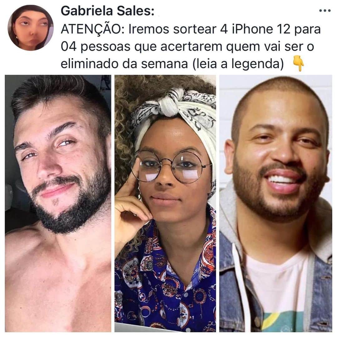 Gabriela Salesのインスタグラム：「FOTO OFICIAL: 😱 Para participar é super fácil gente, basta seguir as regrinhas. Serão 04 ganhadores:  _ 1️⃣ Seguir @bolaodasemana e seguir TODOS patrocinadores que o @bolaodasemana segue _ 2️⃣ Comentar nesse post quem você acha que será o eliminado da semana (lembrando que quanto mais comentar + chance vc terá)  _ 🎁 SERÃO 04 GANHADORES E CADA UM IRÁ RECEBER UM IPHONE 12 NOVO NA CAIXA E UMA CÂMERA POLAROIDE, SUPER LINDA! _ ⚠️ Iremos fazer backup de todas as fotos oficiais do bolão e o resultado sai na quarta de tarde no @bolaodasemana – deixe o perfil aberto para que possamos conferir tá?! ☘️ _」