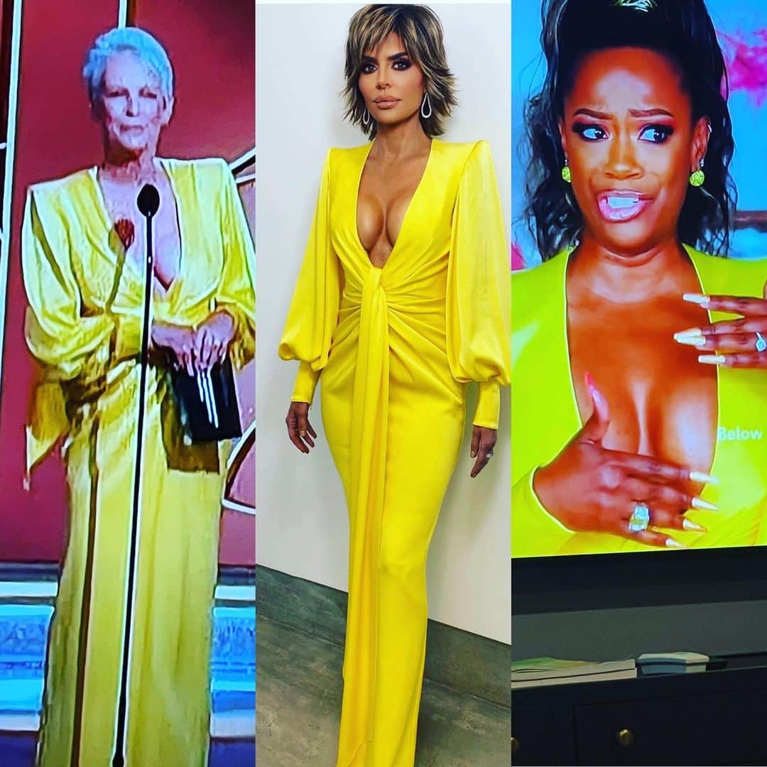 ヘザー・マクドナルドのインスタグラム：「This stunning yellow dress looks good on @lisarinna @kandi and #goldebglobes presenter #jamieleecurtis #yellow #bravotv #rhobh #lisarinna #rhoa #bolo」