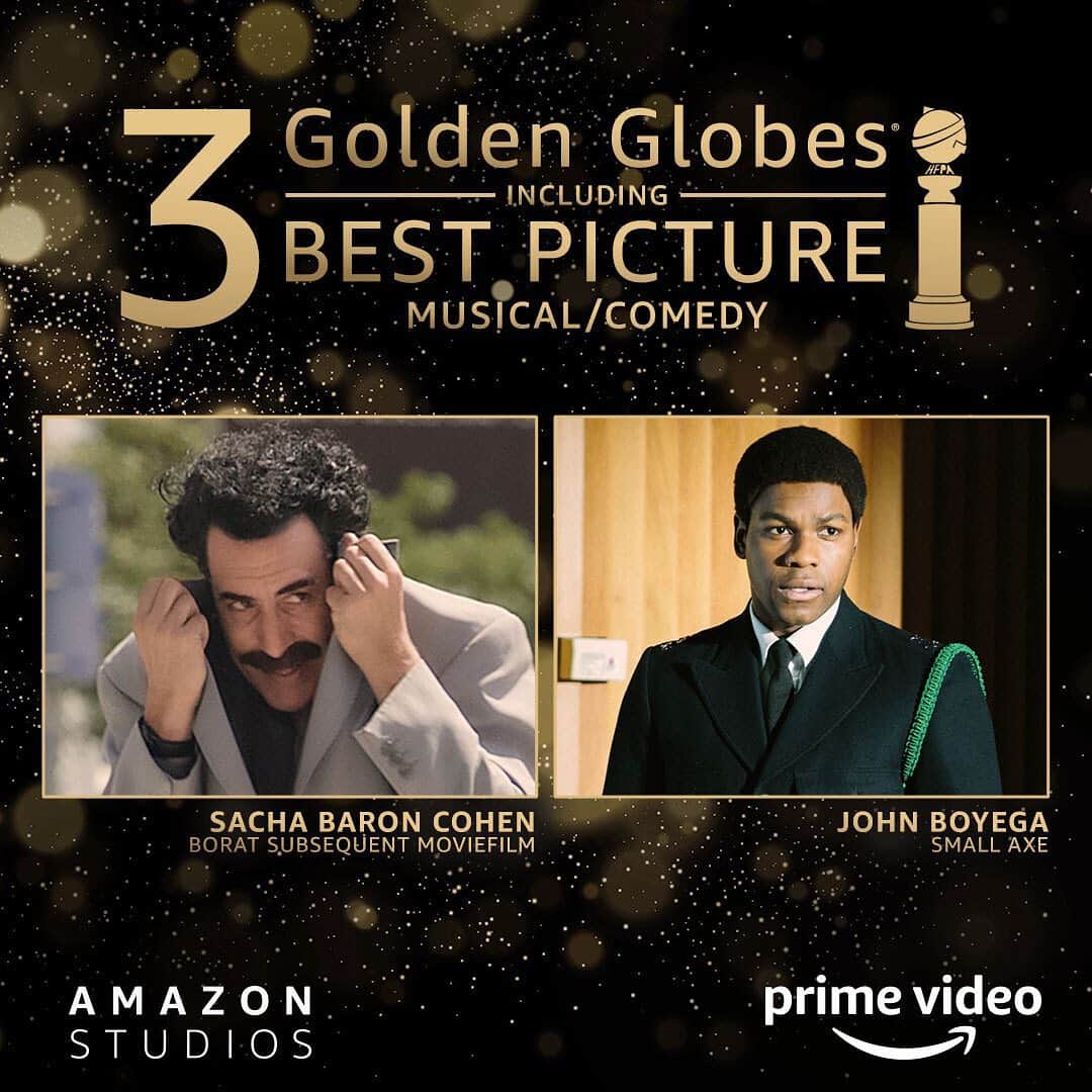 ジェフ・ベゾスのインスタグラム：「Record-breaking night for our @AmazonPrimeVideo team at the #GoldenGlobes! Congratulations to #Borat, @SachaBaronCohen, and @JohnBoyega for #SmallAxe!」