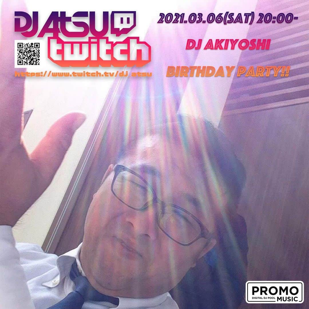 DJ ATSUのインスタグラム：「【Tonight】﻿ ﻿ #Twitch #TwitchJP﻿ 今夜は、22:00-スタート‼︎﻿ ﻿ そして、03/06(SAT)はいつもより早めの20:00- DJ AKIYOSHI BD PARTY‼︎﻿ 延期になってましたが、改めて書記長のお祝いです！ゼヒともお集まり下さい。﻿ ﻿ ﻿ 検索は、 🔍 DJATSU﻿ Twitchは音質や映像クオリティも高し‼︎﻿ フォローやサブスクなどもゼヒ！﻿ サブスクライバーの皆様には定期的に廃盤MIXなどもお送りしてます。﻿ お時間あればお立ち寄り下さい☆﻿ ﻿ https://twitch.tv/djatsu」