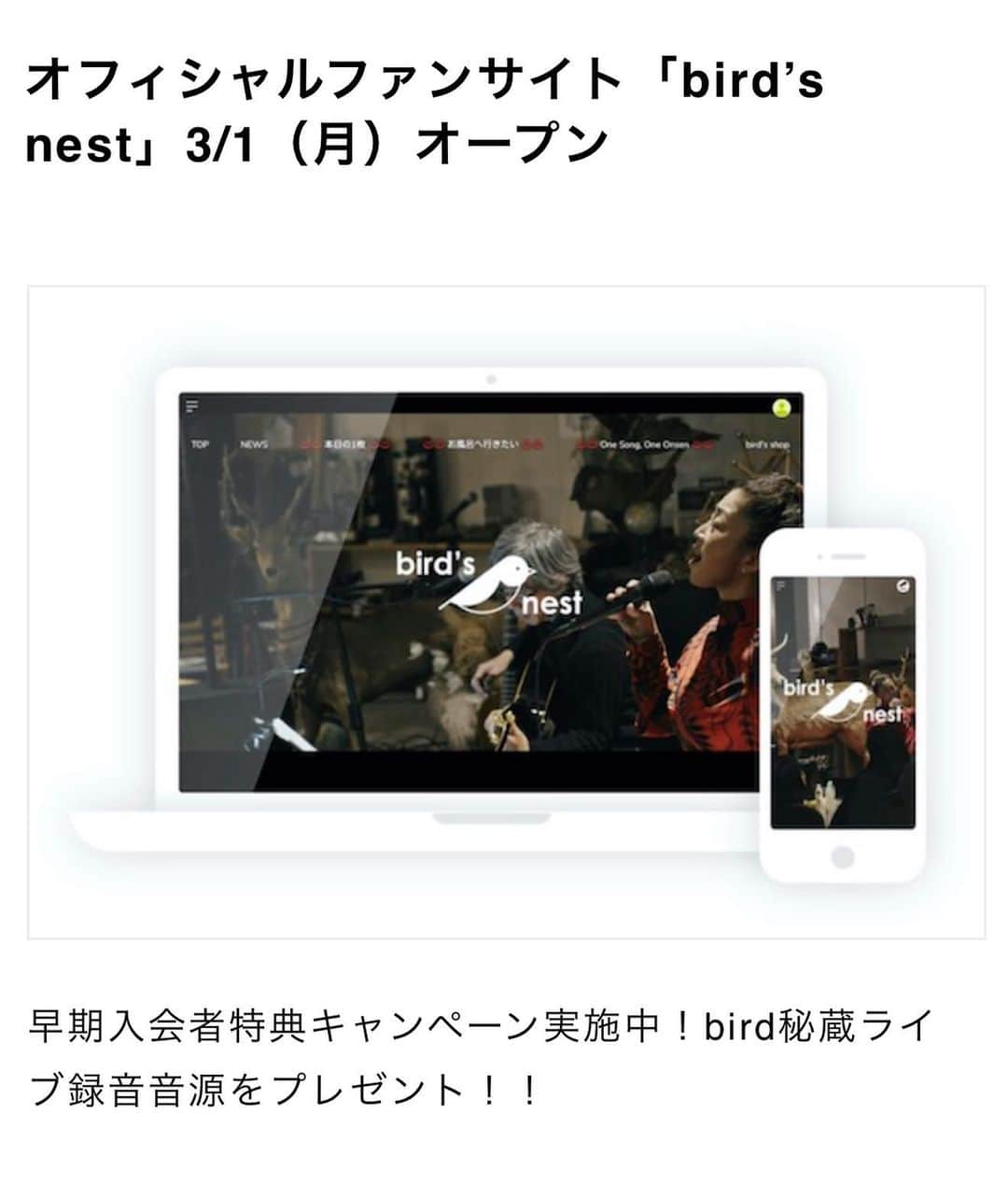 birdのインスタグラム：「オープンしました！ どうぞよろしくお願いします♨️♨️♨️  オフィシャルファンサイト「bird’s nest」3/1（月）オープン  早期入会者特典キャンペーン実施中！bird秘蔵ライブ録音音源をプレゼント！！  birdのNEWS情報、SHOPページはもちろん、 有料会員にご登録いただくと、birdが愛する日本各地の温泉・銭湯タオルを動画や熱い文章でご紹介するコンテンツや、擬似温泉体験旅コーナーとしてbirdが行ってみたい温泉を勝手に擬似体験できたり、 さらには月に一度のスペシャルアコースティックライヴ動画配信！1曲ライブしたら1温泉トークをする、その名もOne Song, One Onsen等のコンテンツがお楽しみ頂けます。  そして早期入会者特典キャンペーンとして、 期間限定で入会された方にはbird秘蔵ライブ録音音源をプレゼント！ ぜひこの期間にご入会ください！  ーーー bird オフィシャルファンサイト 「bird’s nest」 ※3/1（月）正午12:00オープン  ●URL https://birdwatchnet.bitfan.id/  ●会費 月額550円（税込） ※お支払いには「docomo、au、SoftBankの携帯会社決済代行サービス」「クレジットカード決済」をご利用いただけます。  ●期間限定入会特典 2021/3/1(月）～4/1（木）23:59までにご入会された方限定でbird秘蔵ライブ録音音源をプレゼント！ ーーー  #bird #bird'snest #bitfan #温泉　#タオル　#music #銭湯」