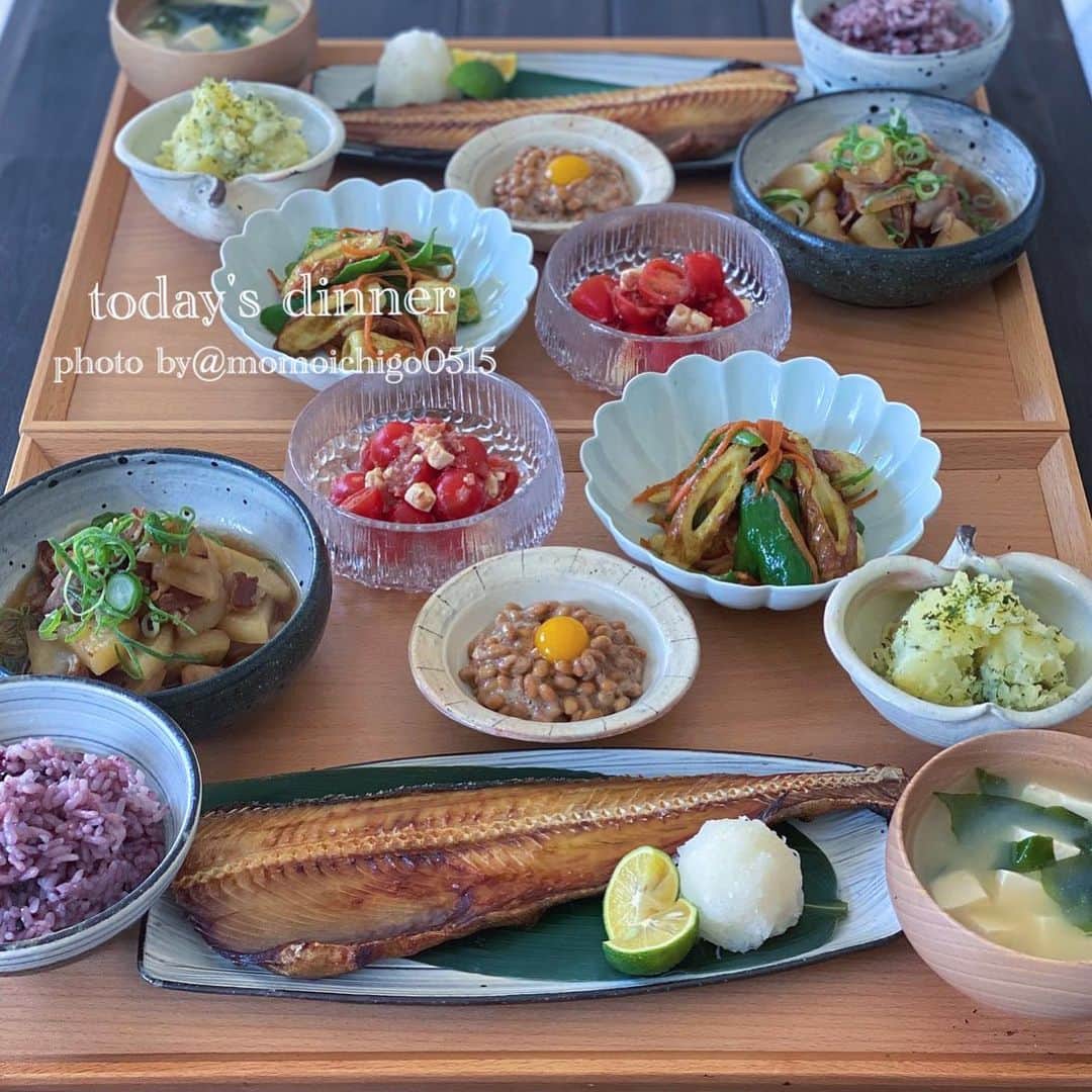 YASUKO TAKESUEのインスタグラム：「. こんばんは😋💕. 今日の晩ごはん♬ . . 🌟ほっけ開き 🌟豚バラ大根 🌟トマトとクリチの 　　　　　　　おかか和え 🌟ピーマンと竹輪の 　　　　　カレーマヨ炒め 🌟納豆 🌟じゃがいも海苔塩バター 🌟お味噌汁 . .  #晩ごはん#晩ご飯#夜ごはん#よるごはん#夕食#おうちごはん#お家ご飯#うちご飯#おうちご飯lover#おうちご飯記録#食卓#手料理#手作りご飯#料理写真#器好き#器集め#献立#家庭料理#food #foodpic#foodstagram#food photography#followme #instagood #奥田章 #古谷浩一」