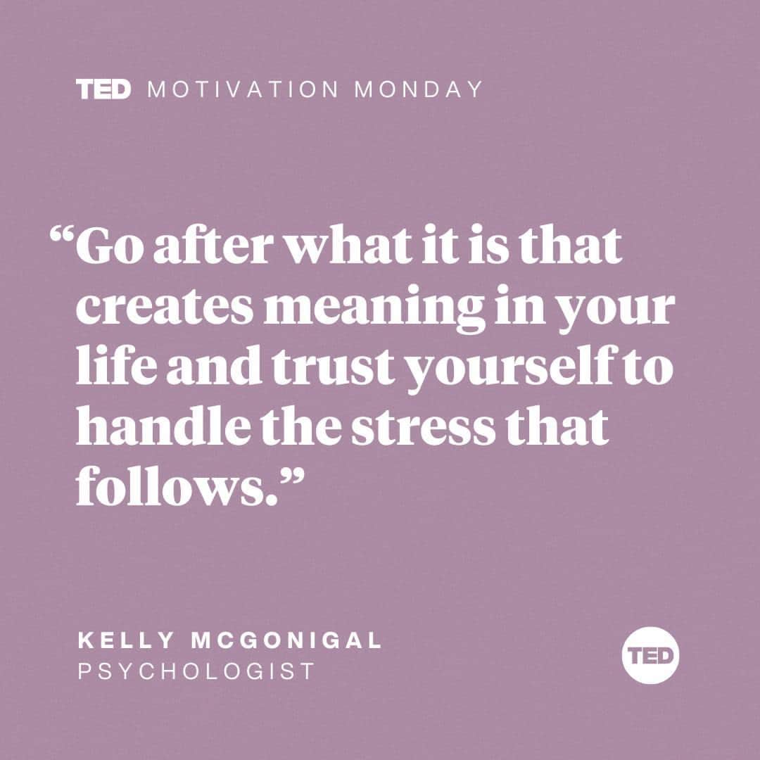 TED Talksのインスタグラム：「Are you letting stress stop you from building a more fulfilling life? In her TED Talk, psychologist Kelly McGonigal shared research suggesting that stress is only bad for our health and wellbeing *when we believe it is.* So rather than interpreting the physical sensations that come with added pressure in your life as stress and anxiety, McGonigal recommends seeing them as signs your body is energized and prepared for action. "When you change your mind about stress, you can change your body's response to stress," she says. Visit the link in our bio to learn more about the science of stress and how shifting your mindset can help you feel less anxious and more confident. #MondayMotivation」