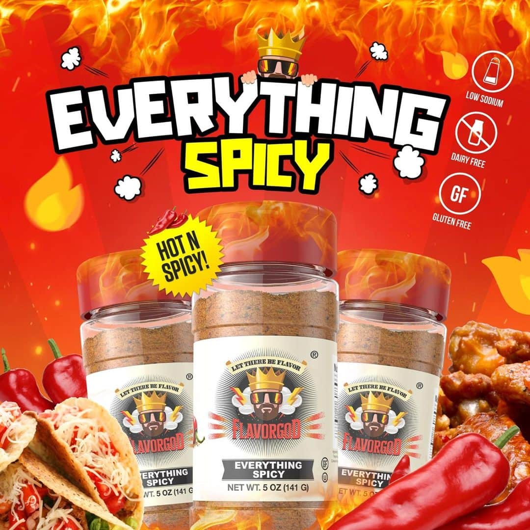 Flavorgod Seasoningsさんのインスタグラム写真 - (Flavorgod SeasoningsInstagram)「Needed Extra flavor on your wings today? Try Flavor God Spicy Everything Seasoning next time! 🔥⁠ -⁠ A spicy version of the Everything Seasoning. Its flavors consist of onion, garlic, cumin, paprika and cayenne. The cayenne chili gives a perfect amount of heat to the seasoning without overpowering the other fresh ground flavors.⁠ Great for cooking and as a condiment on a finished dish!⁠ -⁠ Flavor God Seasonings are:⁠ 🔥 Zero Calories per Serving ⁠ 🔥 KETO & PALEO⁠ 🔥 VEGAN Options ⁠ 🔥 Low Salt⁠ 🔥 GLUTEN FREE & KOSHER⁠ 🔥 NO MSG⁠ 🔥 DAIRY FREE Options⁠ 🔥 All Natural & Made Fresh⁠ 🔥 Shelf life is 24 Months⁠ -⁠ #food #foodie #flavorgod #seasonings #glutenfree #mealprep #seasonings #breakfast #lunch #dinner #yummy #delicious #foodporn」2月8日 4時01分 - flavorgod