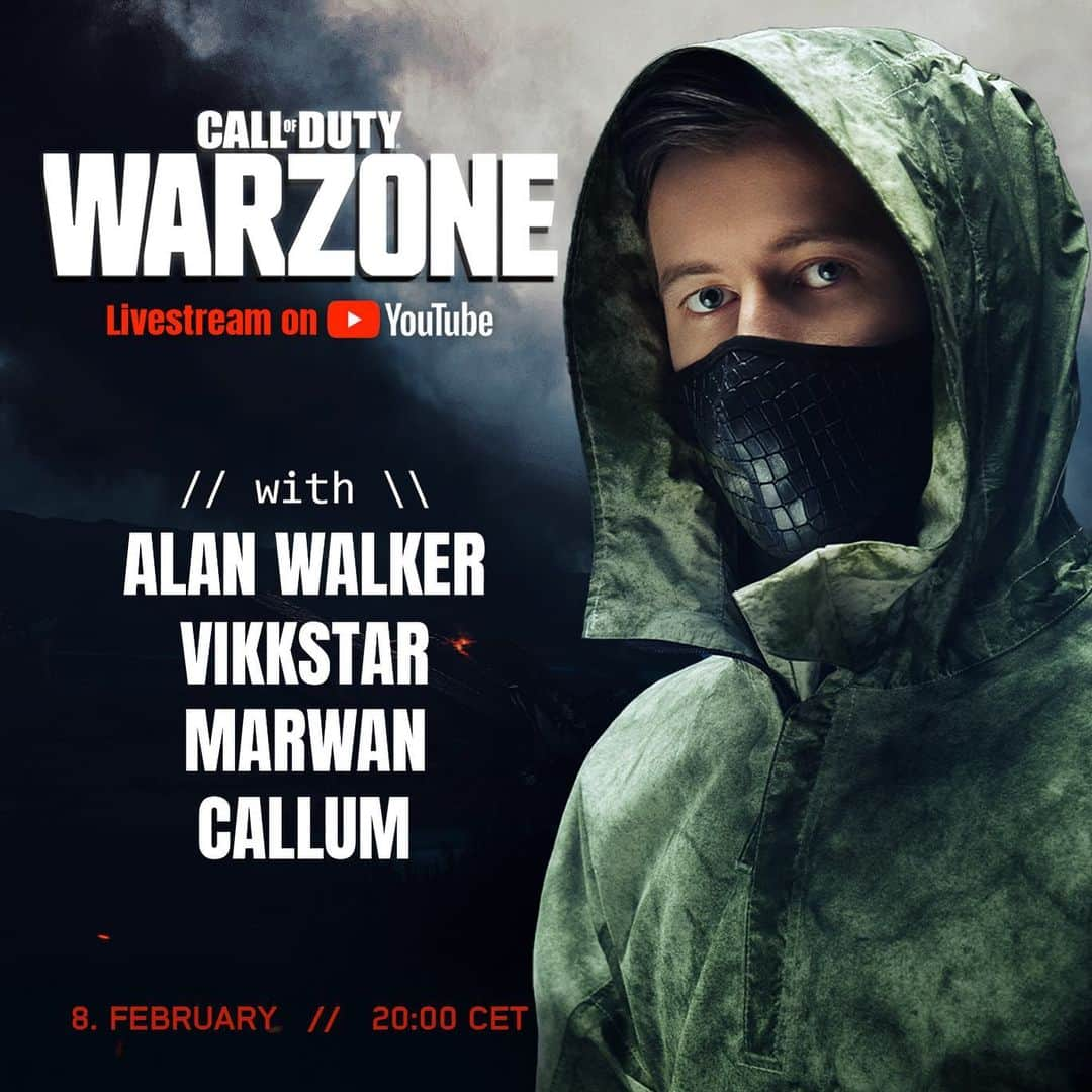 アラン・ウォーカーのインスタグラム：「Livestreaming with @vikkstagram @callumlima_ & @marwangaladari tomorrow on @youtube at 20:00 CET. Join in and see us get a Warzone victory 🔥」