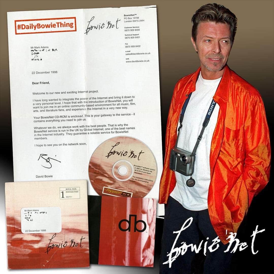 デヴィッド・ボウイさんのインスタグラム写真 - (デヴィッド・ボウイInstagram)「DAILY BOWIE THING – Day 84  “Look out BowieWorld, you know I've got mine…”  A little over twenty-two years ago, the first subscribers to BowieNet received their welcome pack from Ultrastar in the shape of a "HyperCD", which included an exclusive 3'31" mix of the track Fun, alongside videos of Under Pressure and Space Oddity from Bowie’s 50th birthday concert at MSG in New York on 9th January 1997.   As far as we are aware this is the only official physical release of video from the birthday show and the only official source for this version of Fun.   The disc also contained software to join BowieWorld, a virtual 3D place where fans could meet online and talk to other fans using characters of their own creation as they walked around various rooms containing artworks by Bowie and other fun stuff.   A version of BowieWorld still exists online and is apparently visited by some fans to this day. Are you a frequenter?   The image of DB in our montage is from September 1998 at the London Design Museum, a couple of weeks after the launch of BowieNet.  #DailyBowieThing  #MostlyDailyBowieThing  #BowieNet  #BowieWorld」2月8日 4時32分 - davidbowie