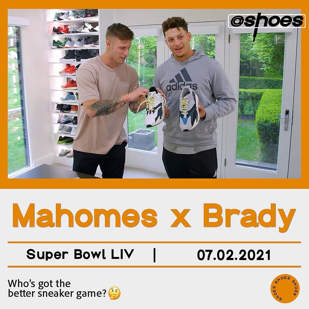 shoes ????のインスタグラム：「Tonight’s Super Bowl is a hard one to call. 🏈 Which QB has the better sneaker collection though? There’s only 1 answer. 👟 🤴 Who’s winning tonight?👇   #sneakers #sneakernews #superbowl #sb #sbliii #tombrady #patrickmahomes #hypebeast #complexsneakers #brkicks #bleacherreport #highsnobiety #goat」