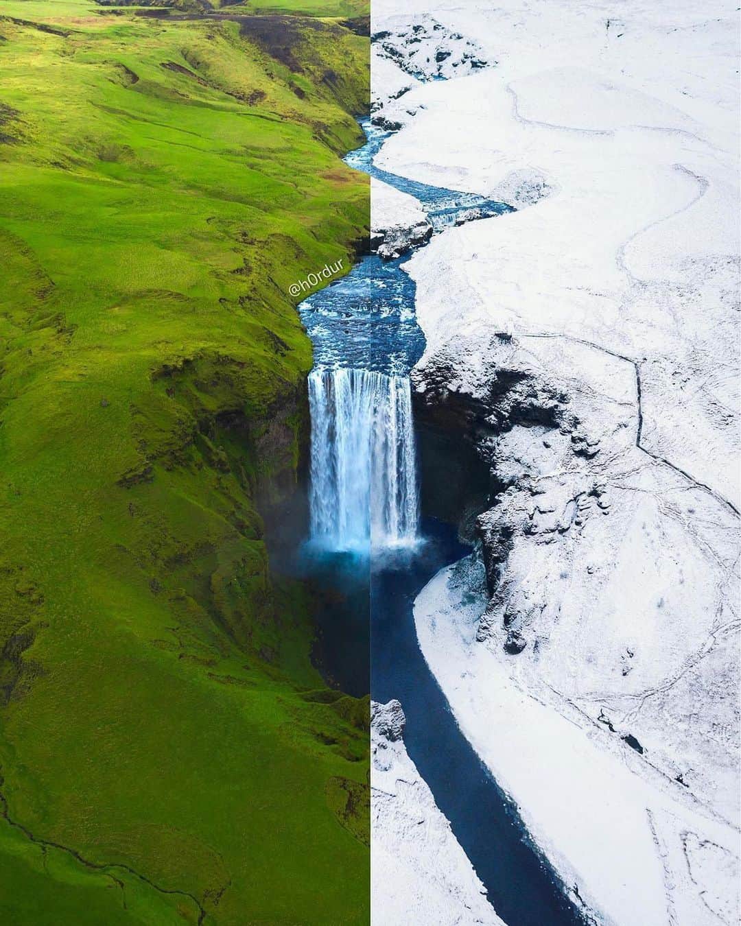 Canon Photographyのインスタグラム：「The different seasons in 🇮🇸 Photography // @h0rdur Curated by @steffeneisenacher  #iceland #inspiredbyiceland #mystopover #skogafoss #aerialphotography」