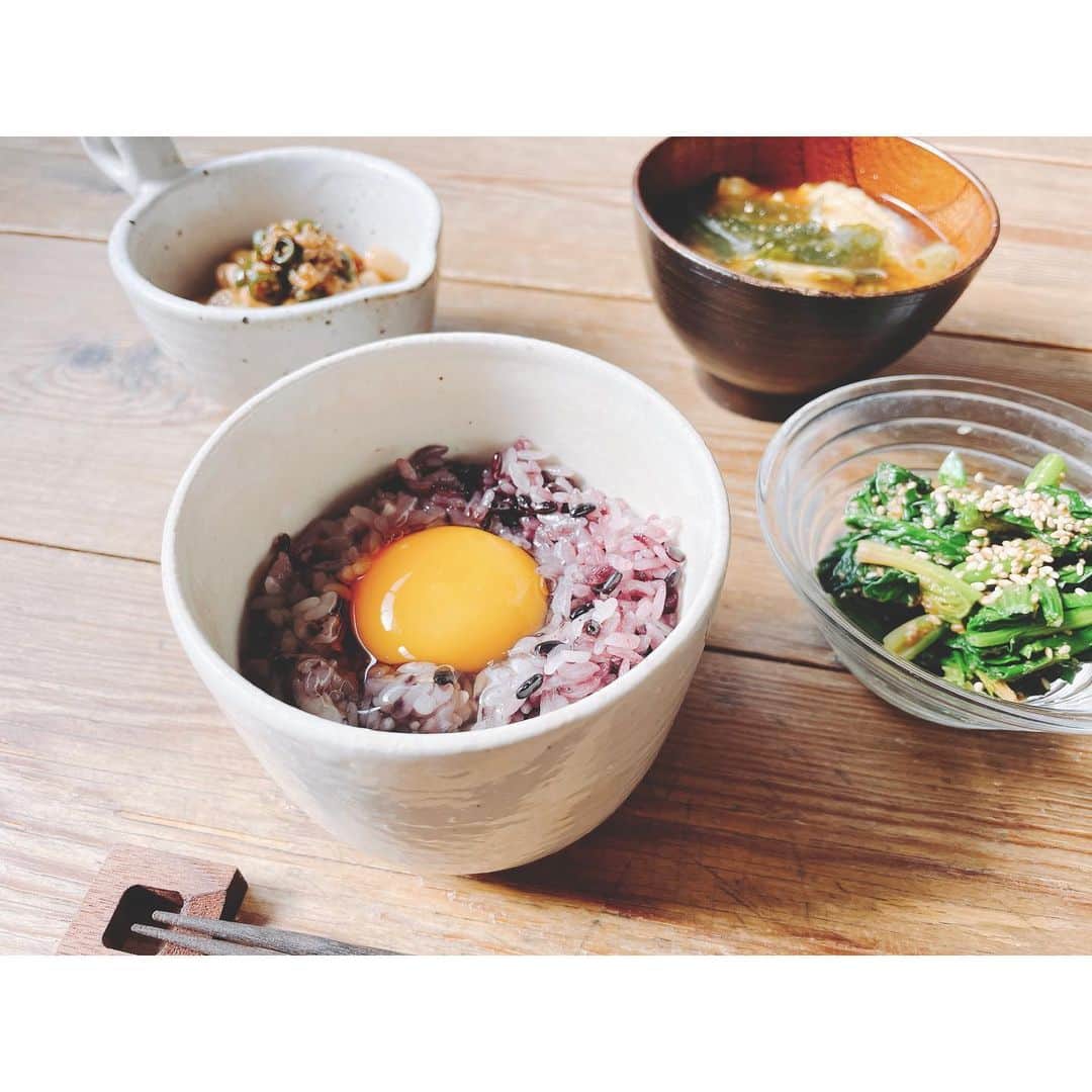 竹中友紀子のインスタグラム：「#発酵生活  発酵三昧おうちランチ 先日甕出しした麦味噌でお味噌汁を作りました 自家製納豆には青唐辛子の醤油麹漬けをのせ、ほうれん草は醤油麹ナム ルに お米は先日の狼少年生配信でも紹介しました宮城県大崎市のつや姫 黒米を混ぜて炊き、たまごと醤油麹をのせてたまごかけごはんにしました そして途中で自家製発酵柚子胡椒を加えて味変(^^)v こう見ると我が家のごはんは本当に醤油麹頼りですね 度々醤油麹の素晴らしさをお伝えしていますが、簡単に仕込めて、お醤油代わりにあらゆるお料理に使え、しかも美味しい^ ^ 本当にオススメです」