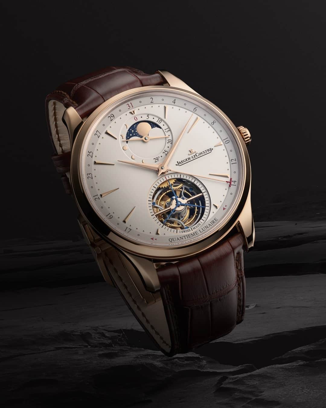 ジャガールクルトのインスタグラム：「Powered by innovation. #Master  _ Master Ultra Thin Tourbillon Moon _ Combining two of horology’s most cherished complications: a moon phase and a tourbillon with the addition of Jaeger-LeCoultre’s signature peripheral ‘jumping date’. _ #JaegerLeCoultre #Master #Tourbillon #Moon #HomeofFineWatchmaking #SwissWatch #ValleeDeJoux #Watchmaking #Craftsmanship #SavoirFaire」