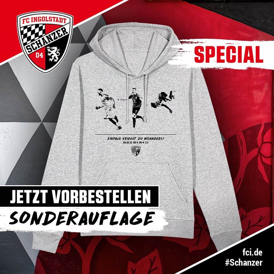 FCインゴルシュタット04のインスタグラム：「Einfach kriegst du woanders, DIESEN Hoodie zum absoluten Last-Minute-Wahnsinn nur hier: Bild anklicken, den Link in der Bio nutzen oder fci.de/EKDW im Browser eingeben! #Schanzer. Das sind wir. 🖤❤ ___ Markier alle SchanzerInnen, die diesen Hoodie unbedingt brauchen 😁👇😜 . . #schanzerdassindwir #Schanzerfürimmer #Ingolstadt #FCI #FCIngolstadt #3Liga #zeigtsuns #fu3ball #soccer #fussball #football #futbol #immerweiter #zamhoidn #Team #heimspiel #Stadion #Dahoam #AudiSportpark #Rückrunde #FCIVIK #Köln #ViktoriaKöln #Sieg #Heimsieg #Wahnsinn #Hoodie #einfachkriegstduwoanders」