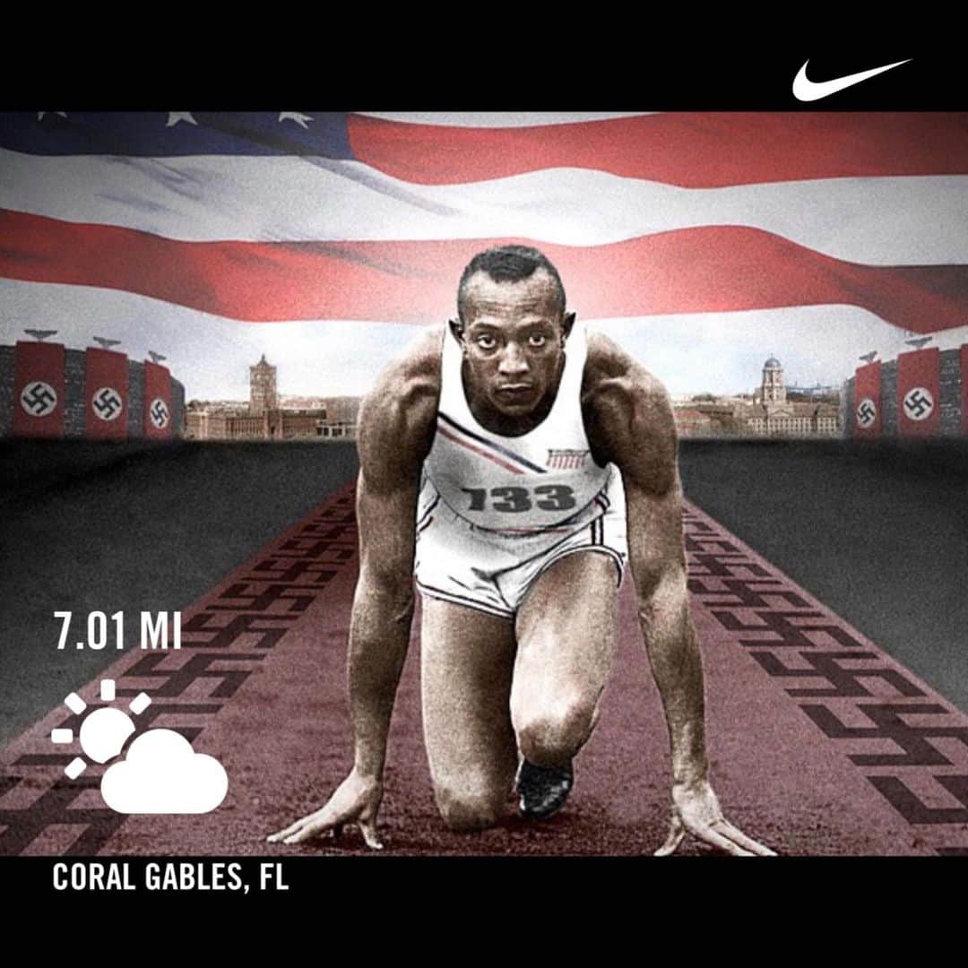 レイ・アレンのインスタグラム：「In celebration of #BHM today I honor #jesseowens with my 7 mile journey. Jesse was a four-time Olympic gold medalist in the 1936 Olympic Games. Jesse was a sprinter and long jumper and was the most famous and celebrated athlete in his time. Owens crushed Hitler’s theory of aryan supremacy by winning his 4 gold medals annihilating the rest of the competition. With all of the glory that Owens brought to the United States of America he was not invited to the White House to shake hands with President Roosevelt. #history #blackhistory #blackhistoryisamericanhistory #education #learn #run #runningisfree #100m #200m #4x100relay #longjump #getyousome #mondays」