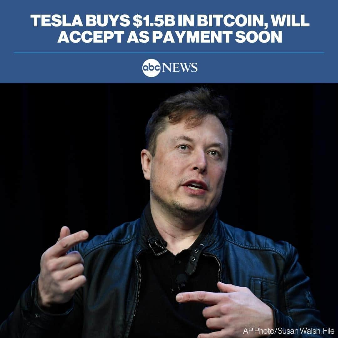 ABC Newsさんのインスタグラム写真 - (ABC NewsInstagram)「Tesla has acquired around $1.5 billion in Bitcoin under an investment policy at the electric car maker headed by Elon Musk, and it plans to begin accepting the digital currency as payment for vehicles soon. MORE AT LINK IN BIO. #TESLA #ELONMUSK #BITCOIN」2月8日 23時33分 - abcnews