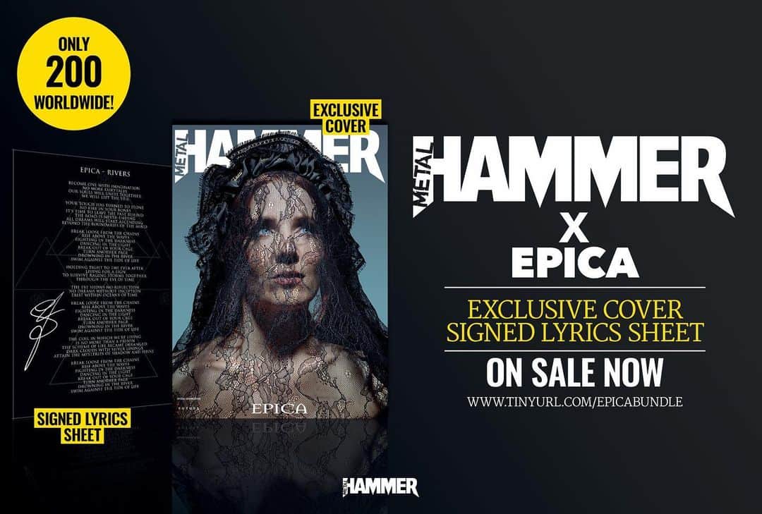 METAL HAMMERのインスタグラム：「Metal Hammer has teamed up with @epicaofficial to celebrate new album Omega with this limited edition bundle. It comes with an exclusive Epica cover variant and a lyric sheet hand-signed by Simone! Get yours now at tinyurl.com/EpicaBundle - hurry though, there are only 200 worldwide! (Link in bio)」