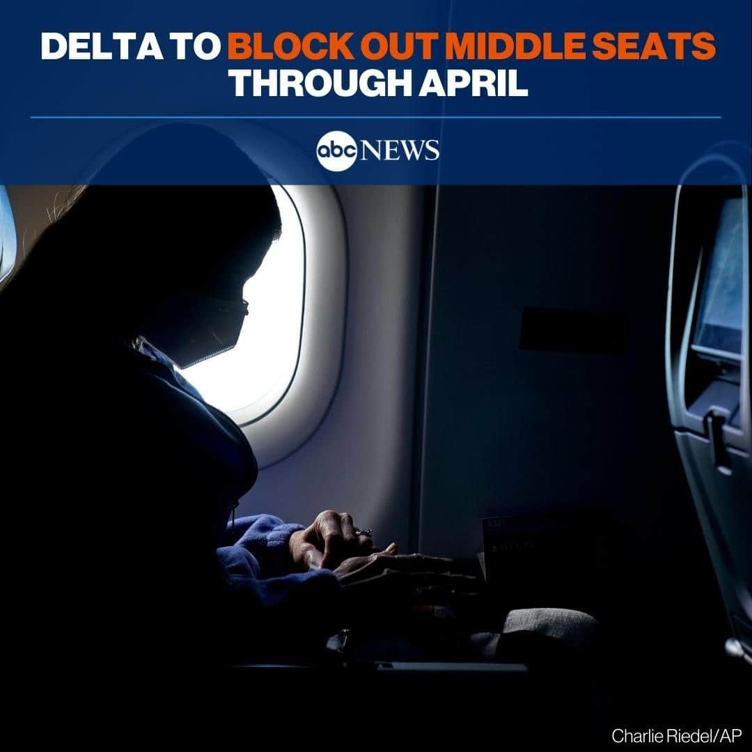 ABC Newsさんのインスタグラム写真 - (ABC NewsInstagram)「NEW: Delta will continue blocking out middle seats and limiting capacity on flights because of the COVID-19 pandemic, the airline announces. The extra space will last through April 30, 2021. #delta #travel #flying #covid19 #middleseats⁠ ⁠ Read the details at LINK IN BIO.」2月9日 1時24分 - abcnews