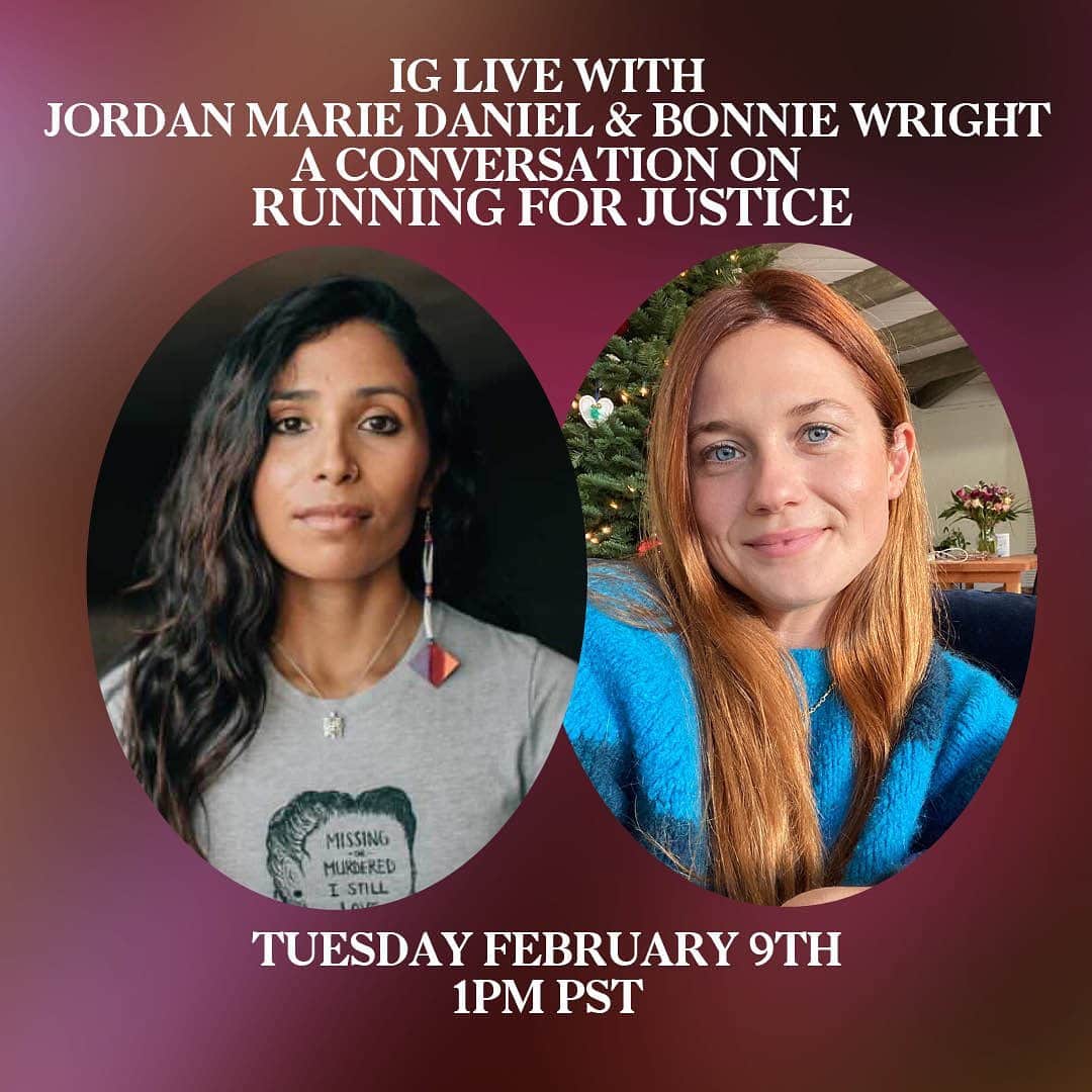 ボニー・ライトのインスタグラム：「Tomorrow I’m excited to be chatting to Jordan Marie Daniel @nativein_la about her running practice and how her career as an athlete is more than just a sport. As an Indigenous woman of Turtle Island that was colonized and is now called the United States she runs on her native lands as a practice of liberation and justice for both herself and her relatives. See you tomorrow at 1pm pacific standard time where I will be speaking from Kumeyaay lands 🏃‍♀️」