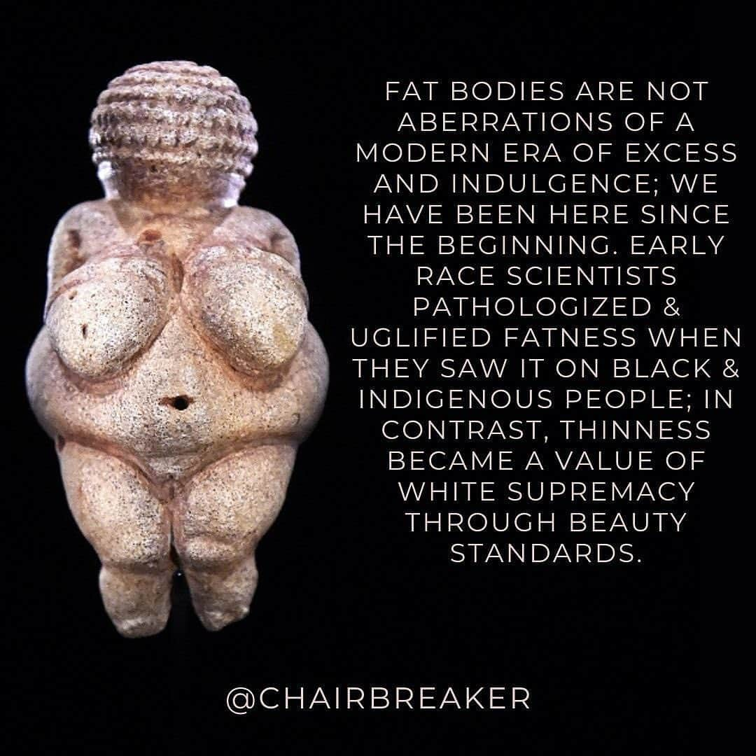 マット・マクゴリーさんのインスタグラム写真 - (マット・マクゴリーInstagram)「Repost from @chairbreaker • Many speculate around the role of the Venus of Willendorf—was she pornography? Was she a fertility goddess? Was she a talisman of good health and beauty? We likely will never know, and I have no interest in projecting contemporary thought onto the statue itself. Regardless of its intent, that it is our figure of a human is meaningful. And I’m incredibly grateful to Black feminist scholars for drawing attention to the integrity of anti-fatness and misogynoir, and anti-fatness and anti-Blackness more broadly. Non-Black & non-Indigenous fat activists need to center Black liberation & Indigenous sovereignty in our activism. These issues are all connected.  [[All slides have an image of the Venus of Willendorf on the left, with text in an all caps and a peach font on the right.]]」2月9日 3時04分 - mattmcgorry