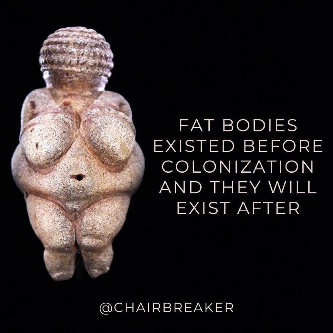 マット・マクゴリーのインスタグラム：「Repost from @chairbreaker • Many speculate around the role of the Venus of Willendorf—was she pornography? Was she a fertility goddess? Was she a talisman of good health and beauty? We likely will never know, and I have no interest in projecting contemporary thought onto the statue itself. Regardless of its intent, that it is our figure of a human is meaningful. And I’m incredibly grateful to Black feminist scholars for drawing attention to the integrity of anti-fatness and misogynoir, and anti-fatness and anti-Blackness more broadly. Non-Black & non-Indigenous fat activists need to center Black liberation & Indigenous sovereignty in our activism. These issues are all connected.  [[All slides have an image of the Venus of Willendorf on the left, with text in an all caps and a peach font on the right.]]」