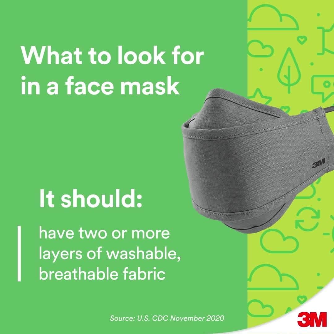 3M（スリーエム）のインスタグラム：「According to the U.S. CDC, here are some important things to look for in a non-medical reusable cloth face mask. Link in bio to learn more.」