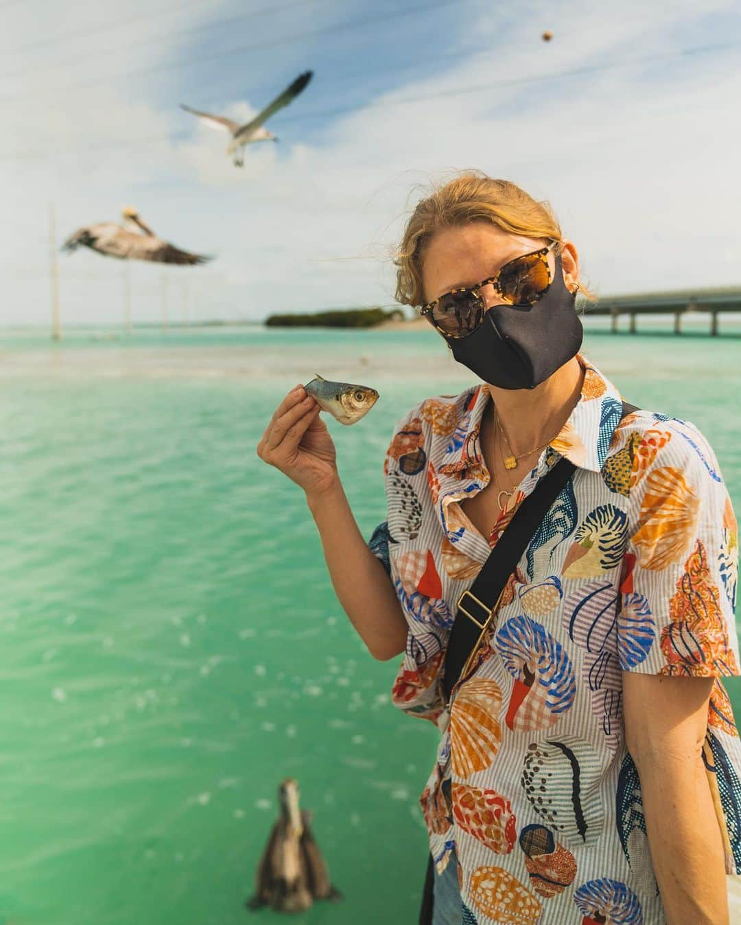 エミリー・デ・レイヴィンのインスタグラム：「When in the Florida Keys...feed the Tarpon! (or mermaid fish as I re named them!😉🧜🏼‍♀️-their scales look like a mermaid tail!) I nearly got a finger nip haha, a seagull totally stole one of my feeding fish out of my hand when I was holding it up high so the (VERY feisty!) Pelicans didn’t eat it! And poor Vera got nipped on the arm (she’s totally fine & was very brave!) by a pelican trying to steel more of our fish 😂  In other news- Theo is now OBSESSED with motorcycles 🙄🤪.  Super fun day, & ended it with some really yummy shaved ice! This place @robbiesofislamorada has such a beautiful story/history too- I’ll post it in my stories! Highly recommend a visit! xoxoxox   📷 @eb.photogeography  #rvlife #lifeontheroad #tarponfeeding #floridakeys #thegreatoutdoors #anadventureaday #wearamask」