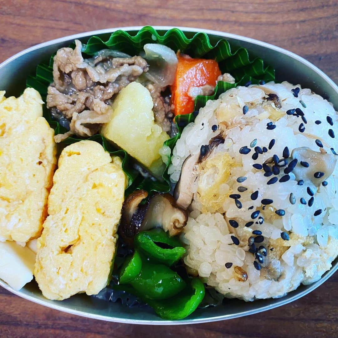宮崎謙介のインスタグラム：「和のお弁当。鯖缶を使った炊き込みご飯のおにぎりがポイント。」