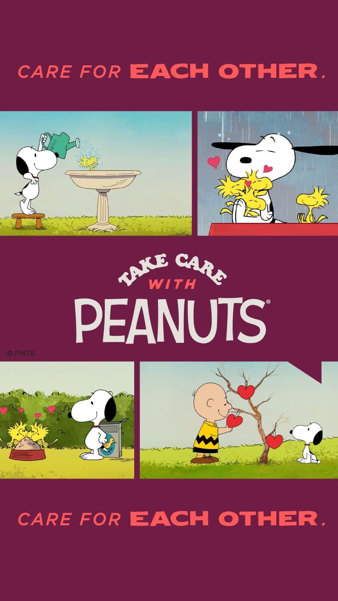 スヌーピーのインスタグラム：「This Valentine’s Day, learn how to take care of each other with the Peanuts gang! Charlie Brown’s Caring Tree teaches us to grow kindness by doing something for others. So fill your heart, do your part ❤️ #TakeCareWithSnoopy」