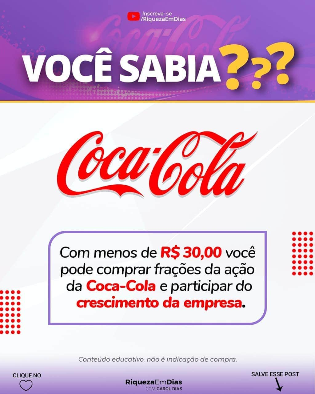 Carol Diasさんのインスタグラム写真 - (Carol DiasInstagram)「Você sabia que pode ser sócio da Coca-Cola?  . O Coca-Cola é uma das maiores empresas do mundo, além da sua marca principal Coca-Cola, ela também tem outras grandes marcas como Fanta, sprite, etc. Sabia que você pode investir na empresa com pouco dinheiro? . Quer aprender como investir em ações no exterior? . 📌Marque um amigo e comente EU QUERO . . .  .  ❤️ Curta o post 💾 Salve a arte para ver depois ➡️ Ative as notificações para receber todo conteúdo novo que eu postar aqui . #investimentos #dinheiro #empreendedorismo  #investimento  #fundosimobiliários #investir  #trader  #mercadofinanceiro #bolsadevalores  #finanças  #fiis  #economia #finançaspessoais #planejamentofinanceiro #investidor  #liberdadefinanceira  #investidorinteligente #caroldias #rendavariavel #ações #comoinvestir #educaçãofinanceira #buyandhold #voabrasil #riquezaemdias #dividendos #acoes #ações #reits #stocks #cocacola」2月10日 0時03分 - caroldias