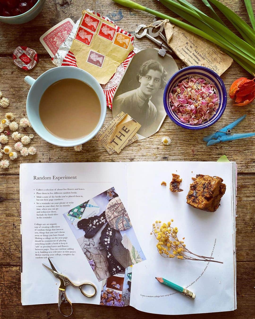 Tea and sittingのインスタグラム：「☕️✂️📖...Grab a cup of something hot and come and join me and Emma @aquietstyle tomorrow morning at 11am GMT for a Live class where we’ll be experimenting with a random collage as well as tearing old book pages! There are more deets in my Stories today but I definitely reckon you’ll be able to weave the class into some sort of home schooling project too! 🤓 #consciouscreativity #cctheworkbook #randomcollage #creativeexperiments #5ftinftable」